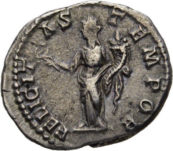 RIC IV Geta 2 (denarius) Septimius Severus reverse — Felicitas, draped, standing left, holding caduceus in right hand and ...