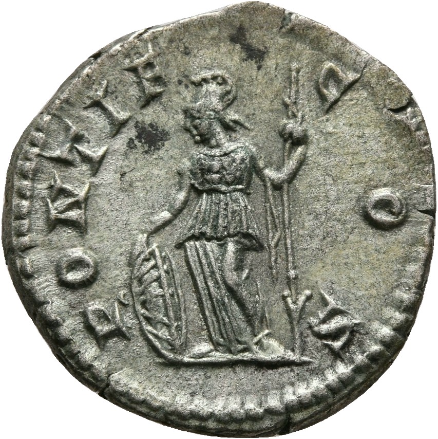 RIC IV Geta 34A Geta reverse, Minerva, helmeted, draped, standing left, leaning on shield, holding spear in right hand