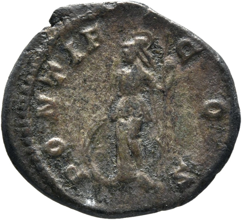 RIC IV Geta 34A Septimius Severus reverse — Minerva, helmeted, draped, standing left, leaning on shield, holding spear in ...