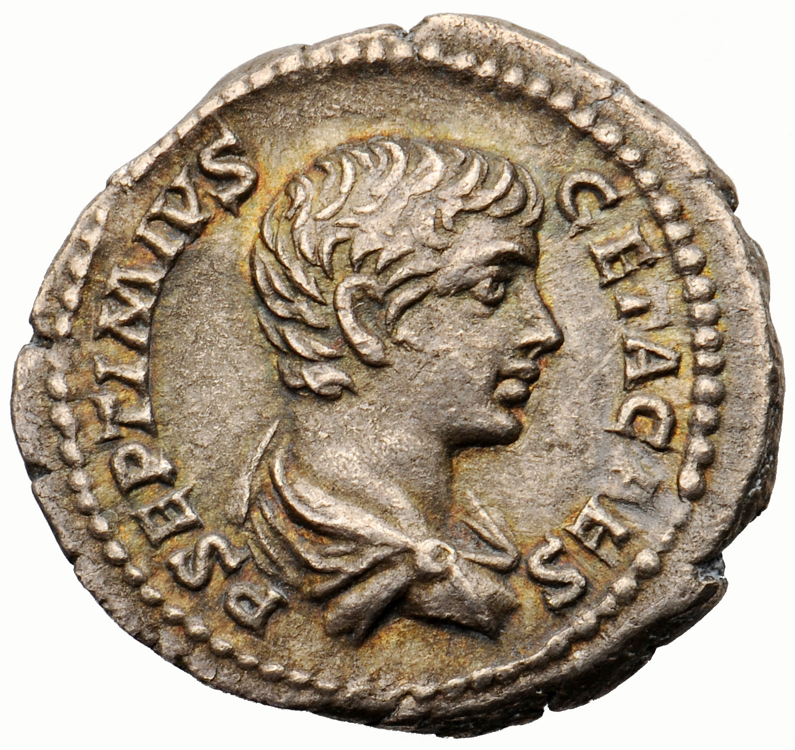 RIC IV Geta 34B Geta obverse, Bust of Geta, bare-headed, draped, right