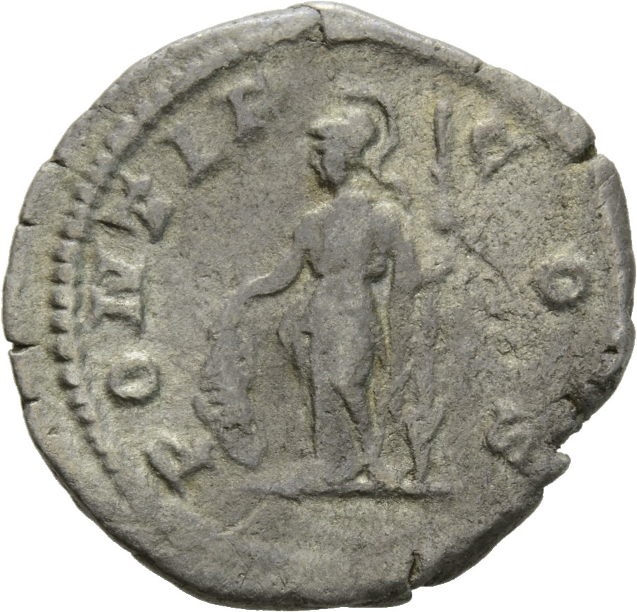RIC IV Geta 34B Geta reverse, Minerva, helmeted, draped, standing left, leaning on shield, holding spear in right hand