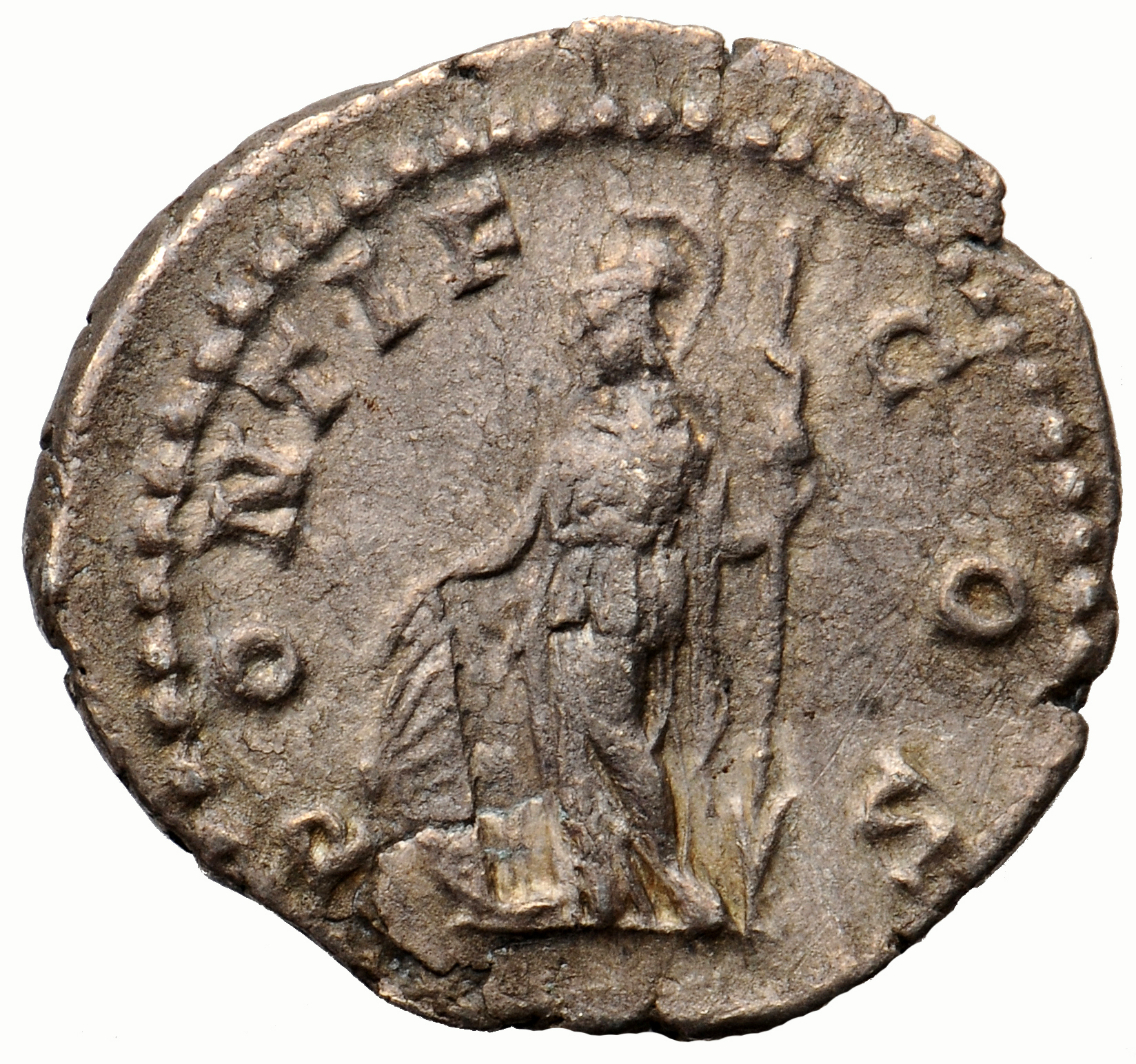 Septimius Severus reverse — Minerva, helmeted, draped, standing left, leaning on shield, holding spear in right hand