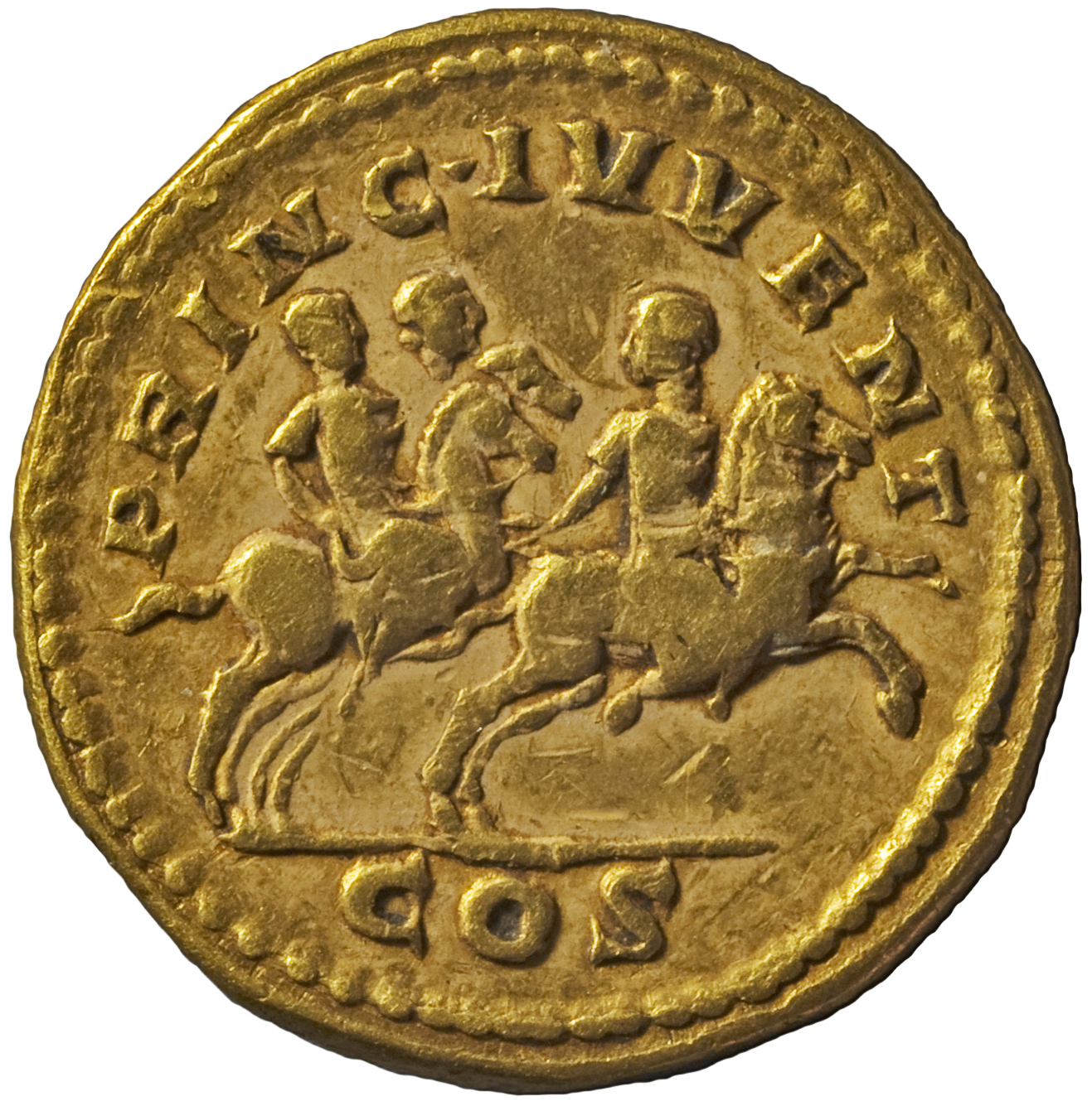 RIC IV Geta 37A (aureus) Geta reverse, Septimius Severus, Caracalla, and Geta galloping right