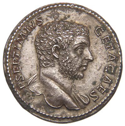 Septimius Severus obverse — Bust of Geta, bare-headed, draped on left shoulder, right