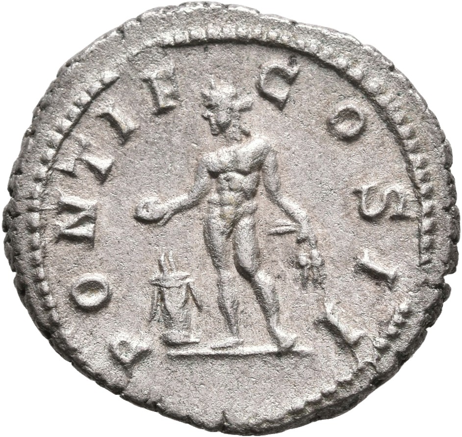 RIC IV Geta 59B Geta reverse, Genius, naked, standing left, sacrificing out of patera in right hand over garlanded and lig...