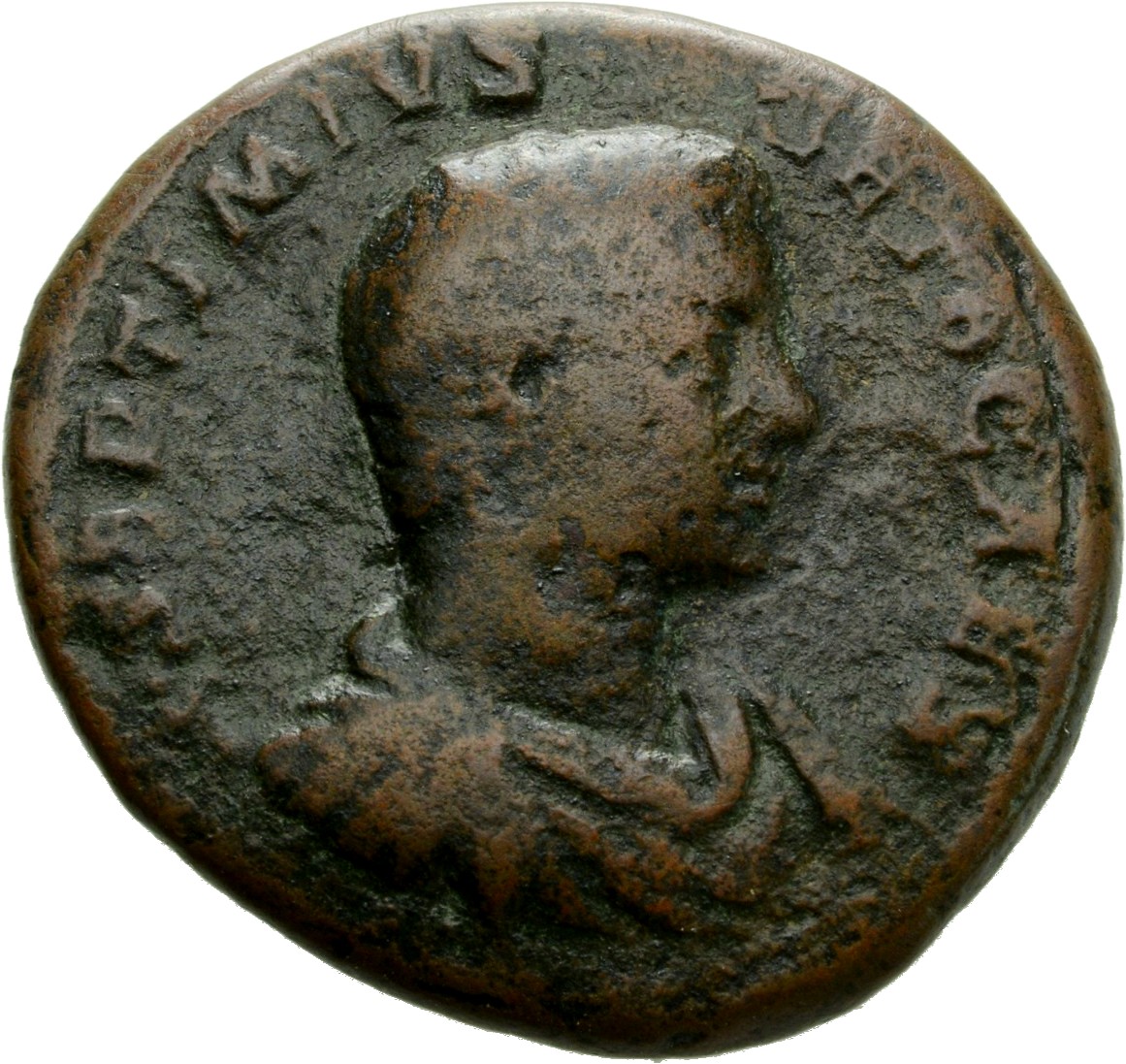 RIC IV Geta 63 (denarius) Geta obverse, Bust of Geta, bare-headed, bearded, draped, cuirassed, right
