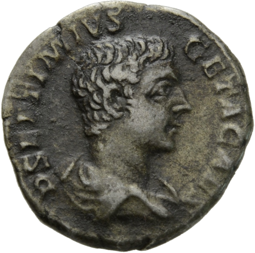 RIC IV Geta 65A (denarius) Geta obverse, Bust of Geta, bare-headed, bearded, draped, right
