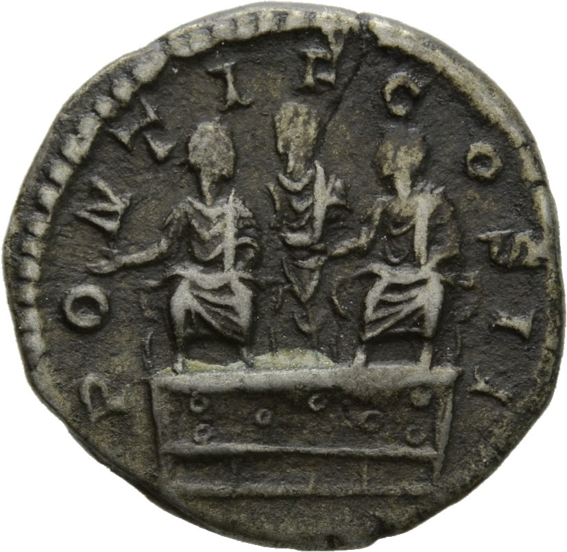 Septimius Severus reverse — Septimius Severus, seated on platform, between Caracalla and Geta, facing one another
