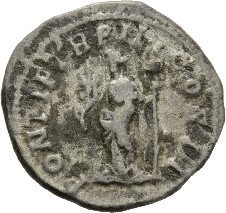 Septimius Severus reverse — Felicitas, draped, standing left, holding long caduceus in right hand and cornucopiae in left hand