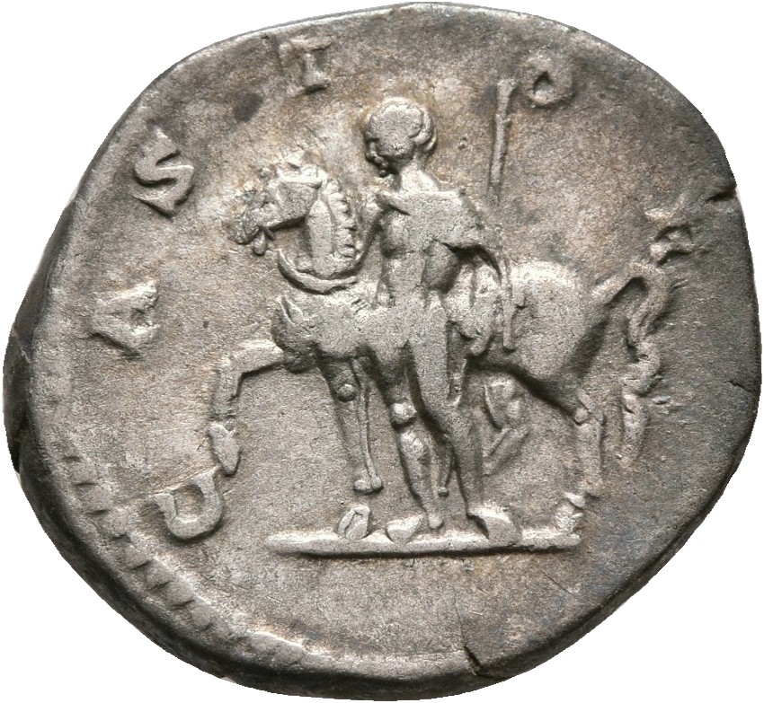 RIC IV Geta 6 (denarius) Geta reverse, Castor, naked except for cloak, standing left in front of horse, which he holds by ...
