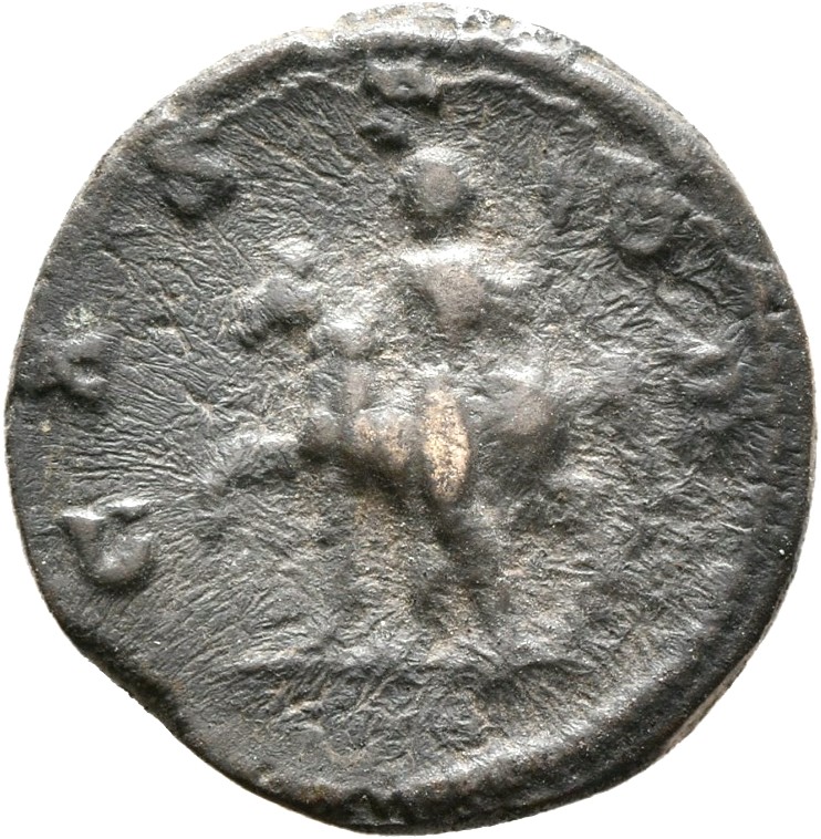 RIC IV Geta 6 (denarius) Septimius Severus reverse — Castor, naked except for cloak, standing left in front of horse, whic...