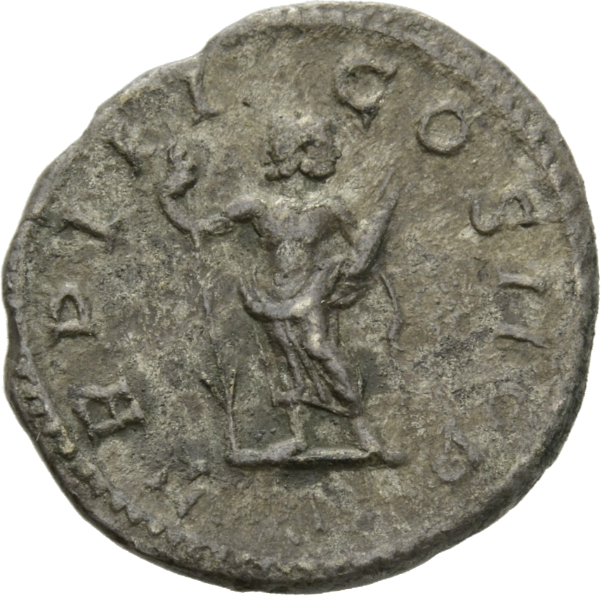RIC IV Geta 79 Geta reverse, Janus, two-headed, standing front, looking left and right, naked to waist, drapery over left ...