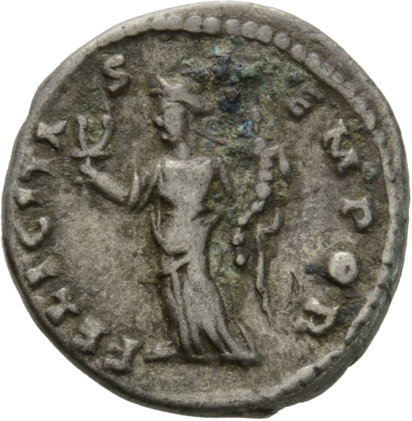 Septimius Severus reverse — Felicitas, draped, standing left, holding long caduceus in right hand and cornucopiae in left hand