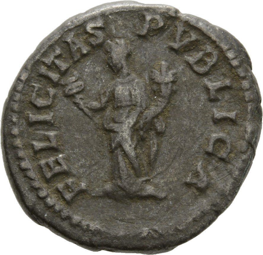 RIC IV Geta 9B (denarius) Geta reverse, Felicitas, draped, standing left, holding caduceus in right hand and cornucopiae i...