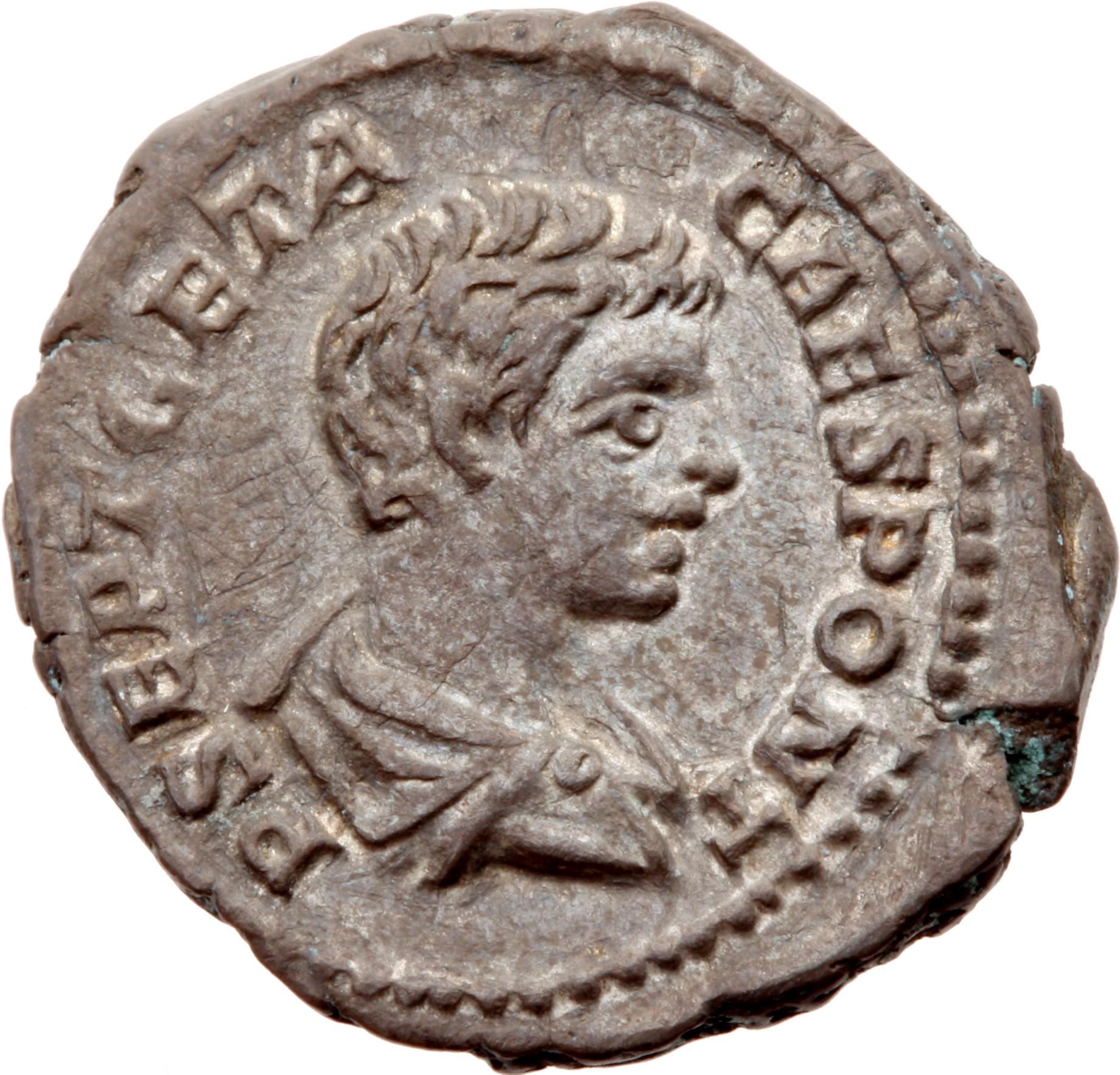 RIC IV Geta 9B (denarius) Geta obverse, Bust of Geta, bare-headed, draped, cuirassed, right