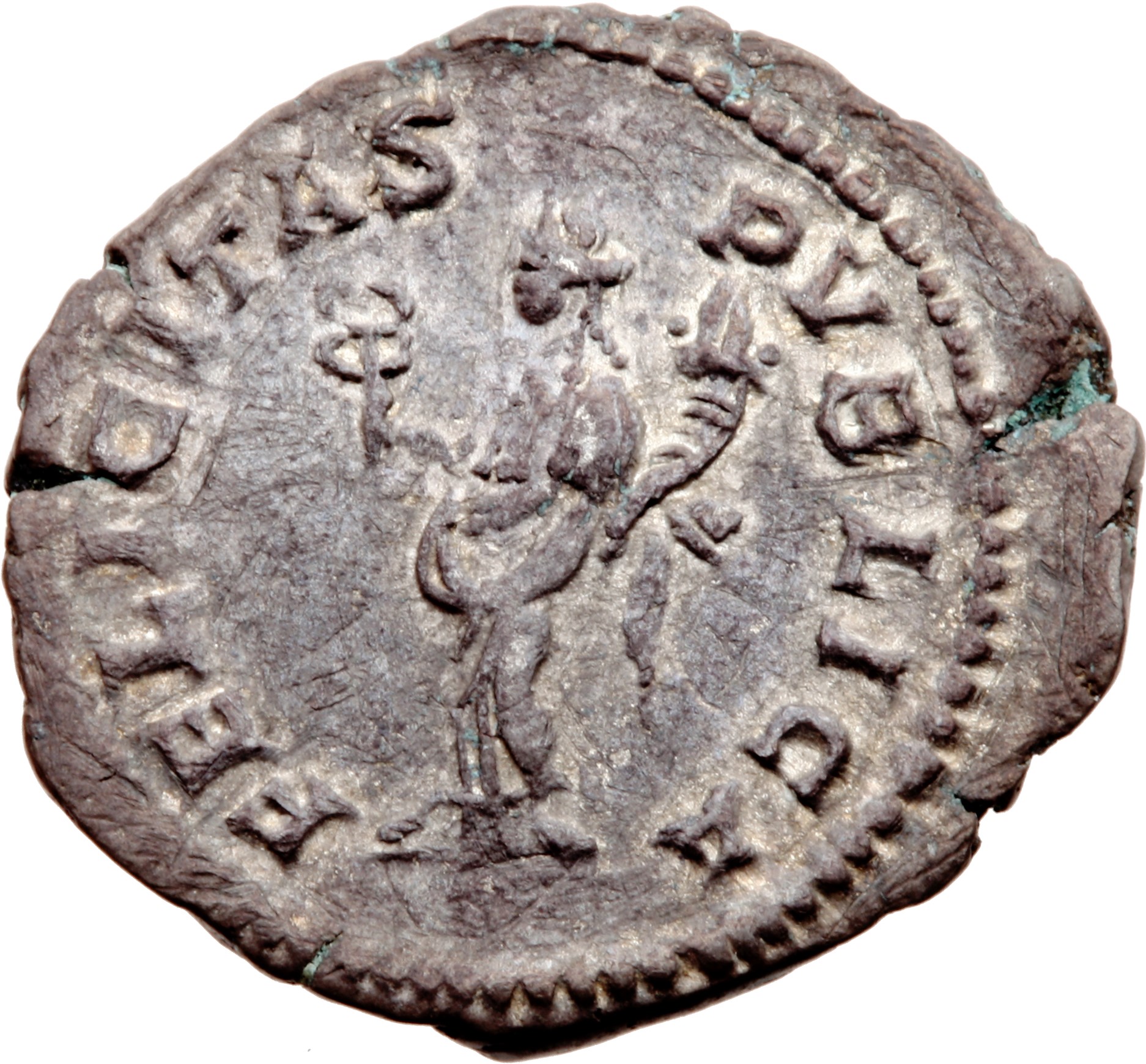 RIC IV Geta 9B (denarius) Septimius Severus reverse — Felicitas, draped, standing left, holding caduceus in right hand and...