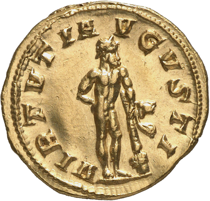 RIC IV Gordian III 108 Gordian III reverse, Hercules, nude, standing right, resting right hand on hip and resting left han...