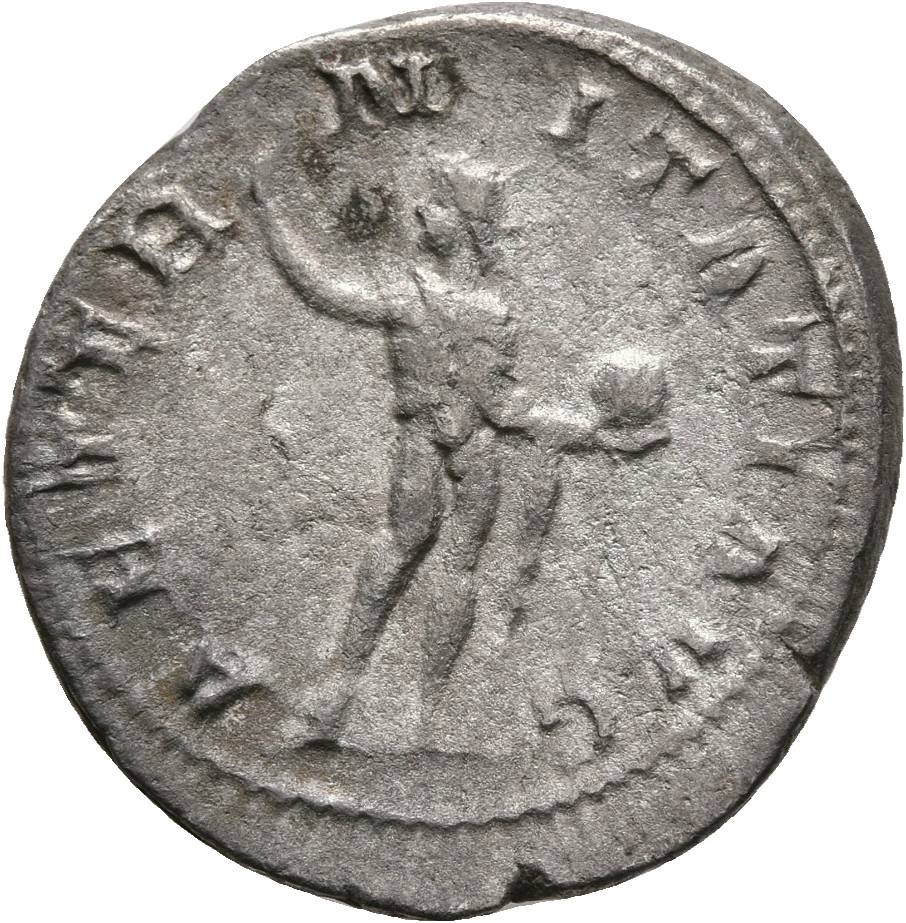 RIC IV Gordian III 111 Gordian III reverse, Sol, nude except for cloak around shoulders, standing front, head left, raisin...
