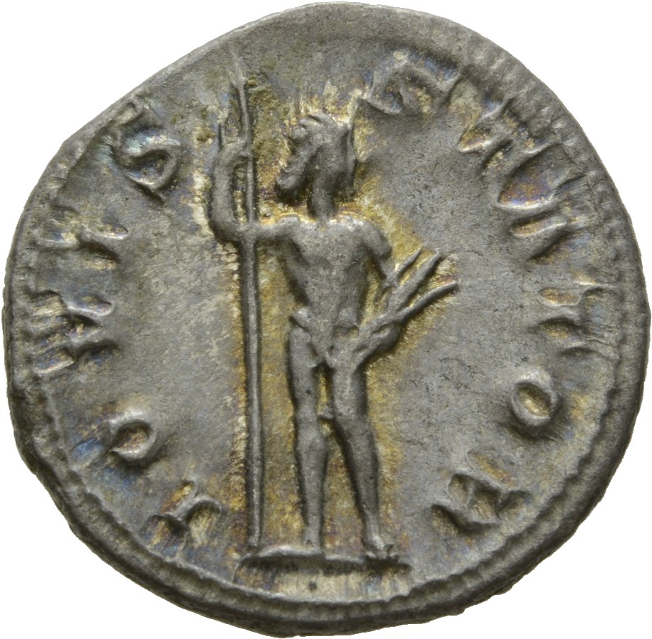 RIC IV Gordian III 112 Gordian III reverse, Jupiter, nude, standing front, head left, holding long sceptre in right hand a...