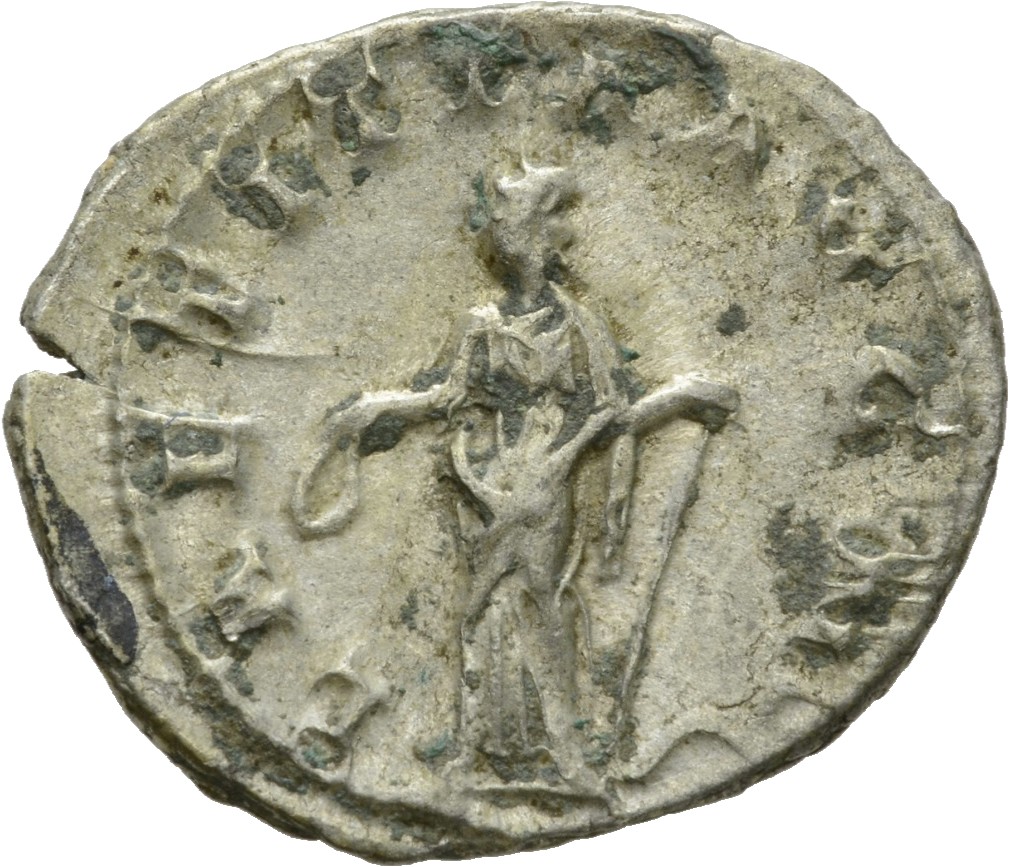 RIC IV Gordian III 113 Gordian III reverse, Laetitia, draped, standing left, holding wreath in extended right hand and anc...