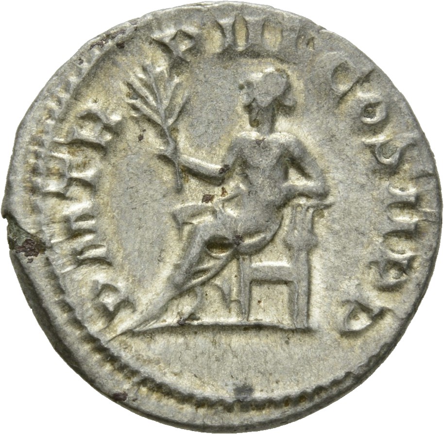 RIC IV Gordian III 114 Gordian III reverse, Apollo, nude to waist, seated left, holding branch in extended right hand and ...