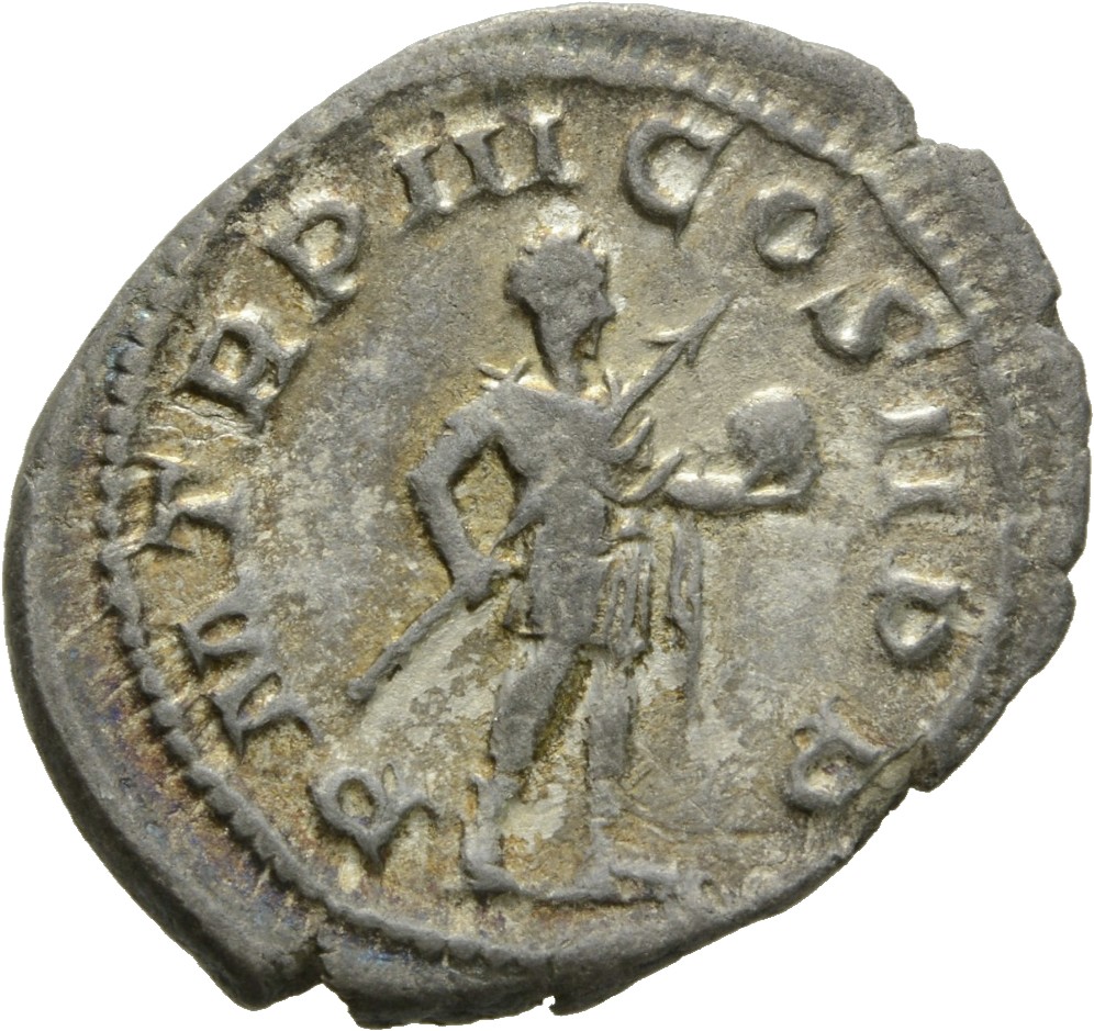 RIC IV Gordian III 115 Gordian III reverse, Gordian III, in military attire, standing right, holding transverse spear in r...