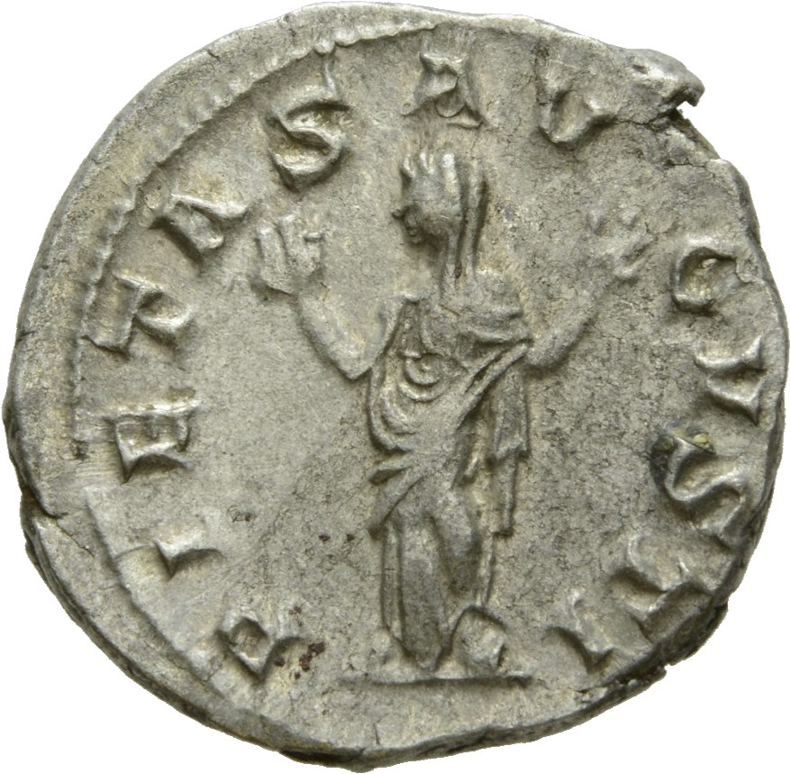 RIC IV Gordian III 129 Gordian III reverse, Pietas, veiled, draped, standing front, head left, raising both hands above he...