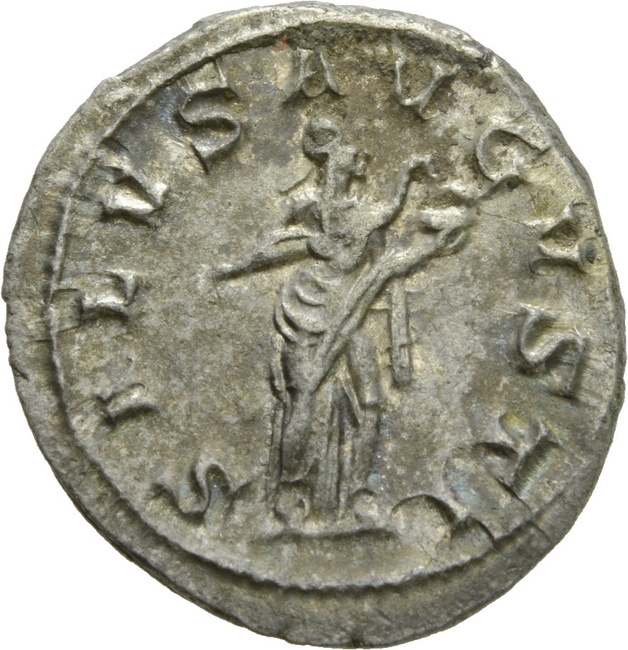 RIC IV Gordian III 129A Gordian III reverse, Salus, draped, standing right, feeding out of left hand snake held in arms