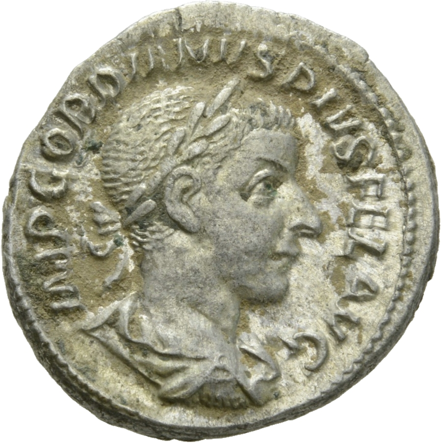 RIC IV Gordian III 129A Gordian III obverse, Bust of Gordian III, laureate, draped, cuirassed, right
