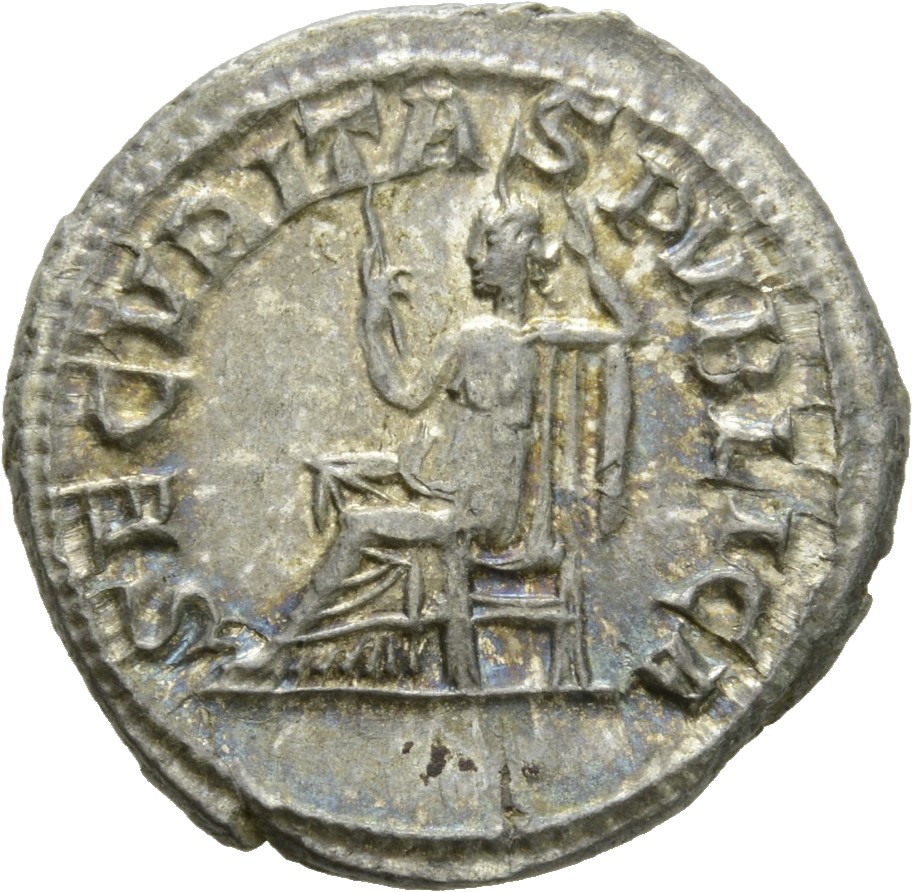 RIC IV Gordian III 130 Gordian III reverse, Securitas, draped, seated left, holding sceptre in right hand and propping hea...