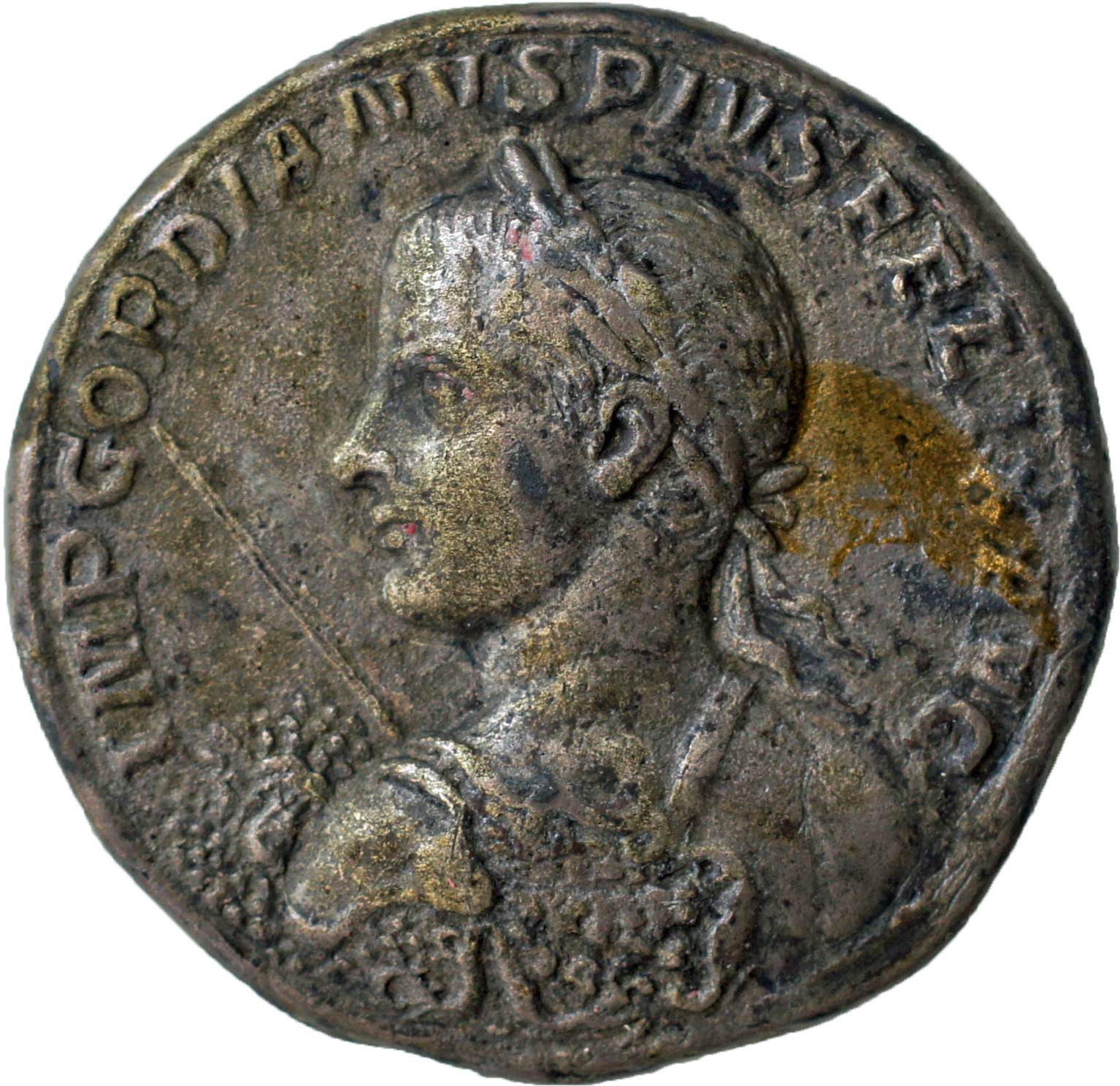 RIC IV Gordian III 134A Gordian III obverse, Bust of Gordian III, bare-headed, wearing lion skin, holding spear, left