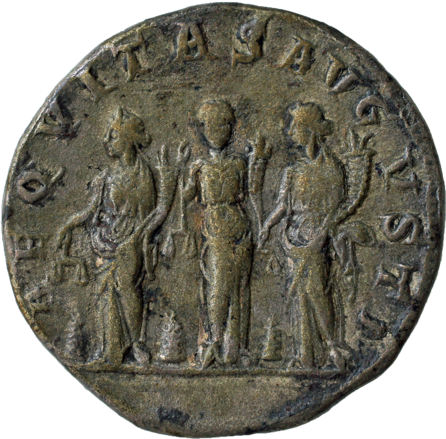 RIC IV Gordian III 134A Gordian III reverse, The Three Monetae, all draped, standing front, heads left, each holding scale...