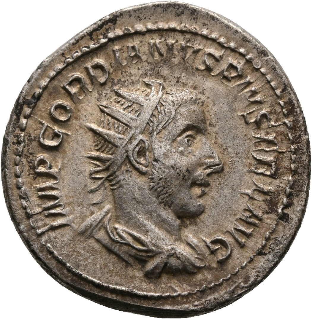 RIC IV Gordian III 140 Gordian III obverse — Bust of Gordian III, radiate, draped, cuirassed, right