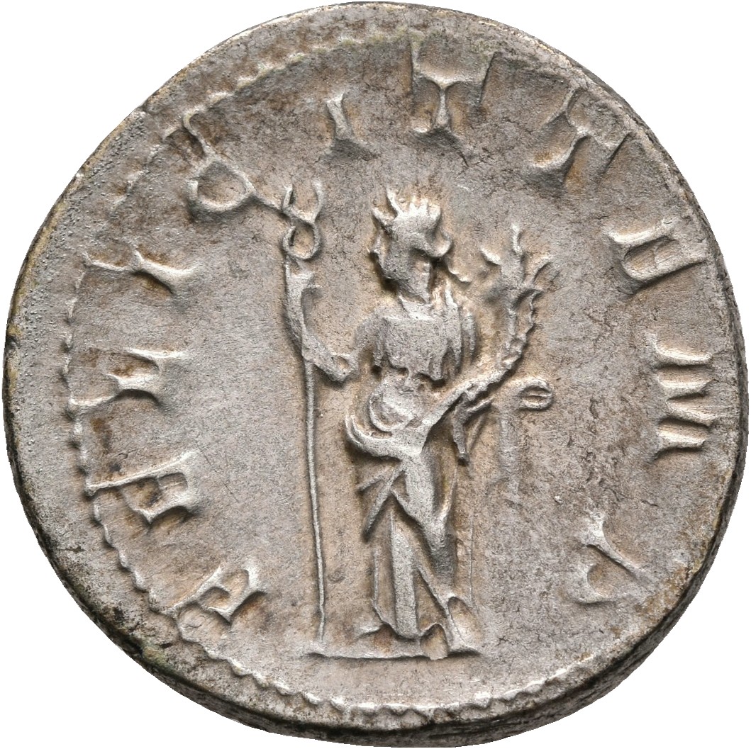 RIC IV Gordian III 140 Gordian III reverse — Felicitas, draped, standing left, holding long caduceus in right hand and cor...