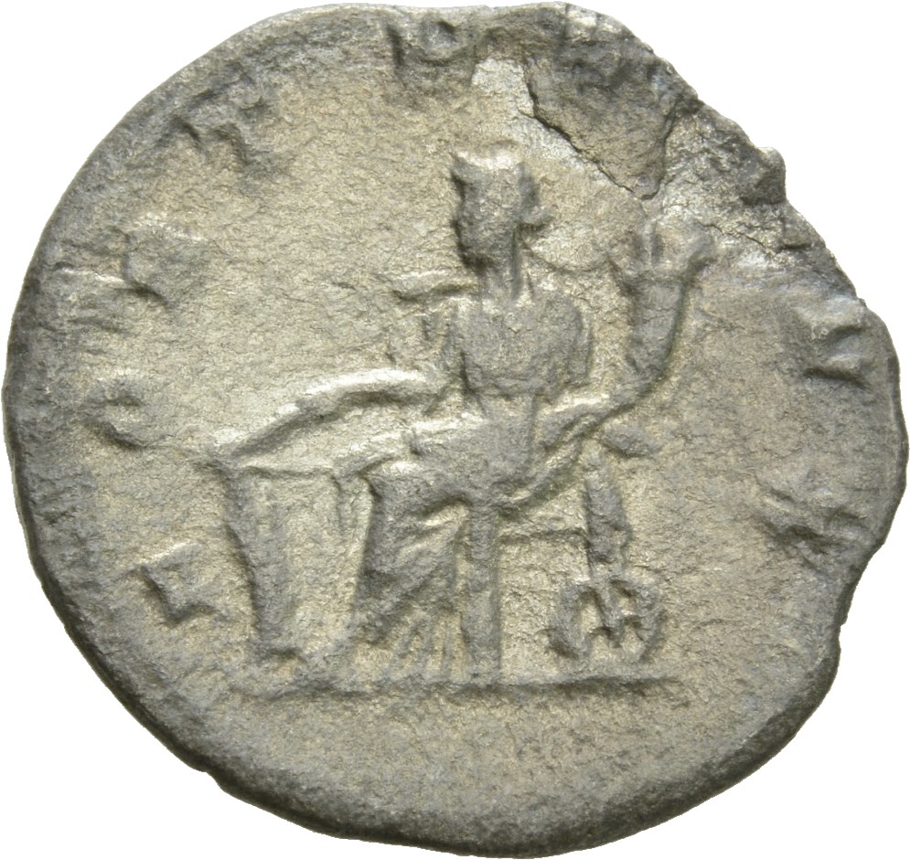 RIC IV Gordian III 143 Gordian III reverse, Fortuna, draped, seated left, holding rudder set on ground in right hand and c...