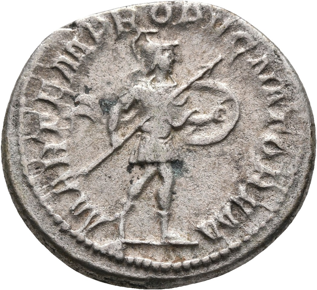 RIC IV Gordian III 147 Gordian III reverse — Mars, helmeted, in military attire, hastening right, holding transverse spear...