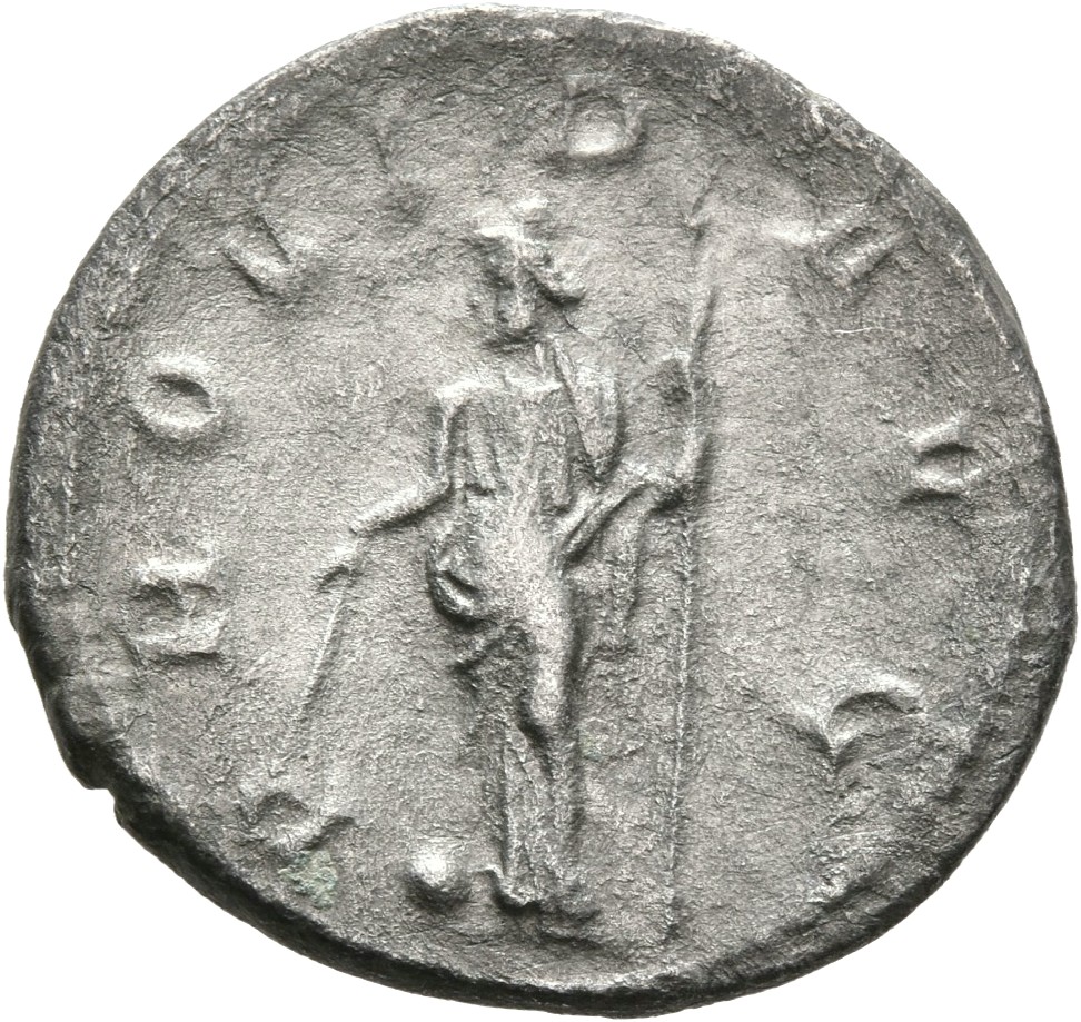 RIC IV Gordian III 148 Gordian III reverse, Providentia, draped, standing left, holding wand in right hand over globe set ...