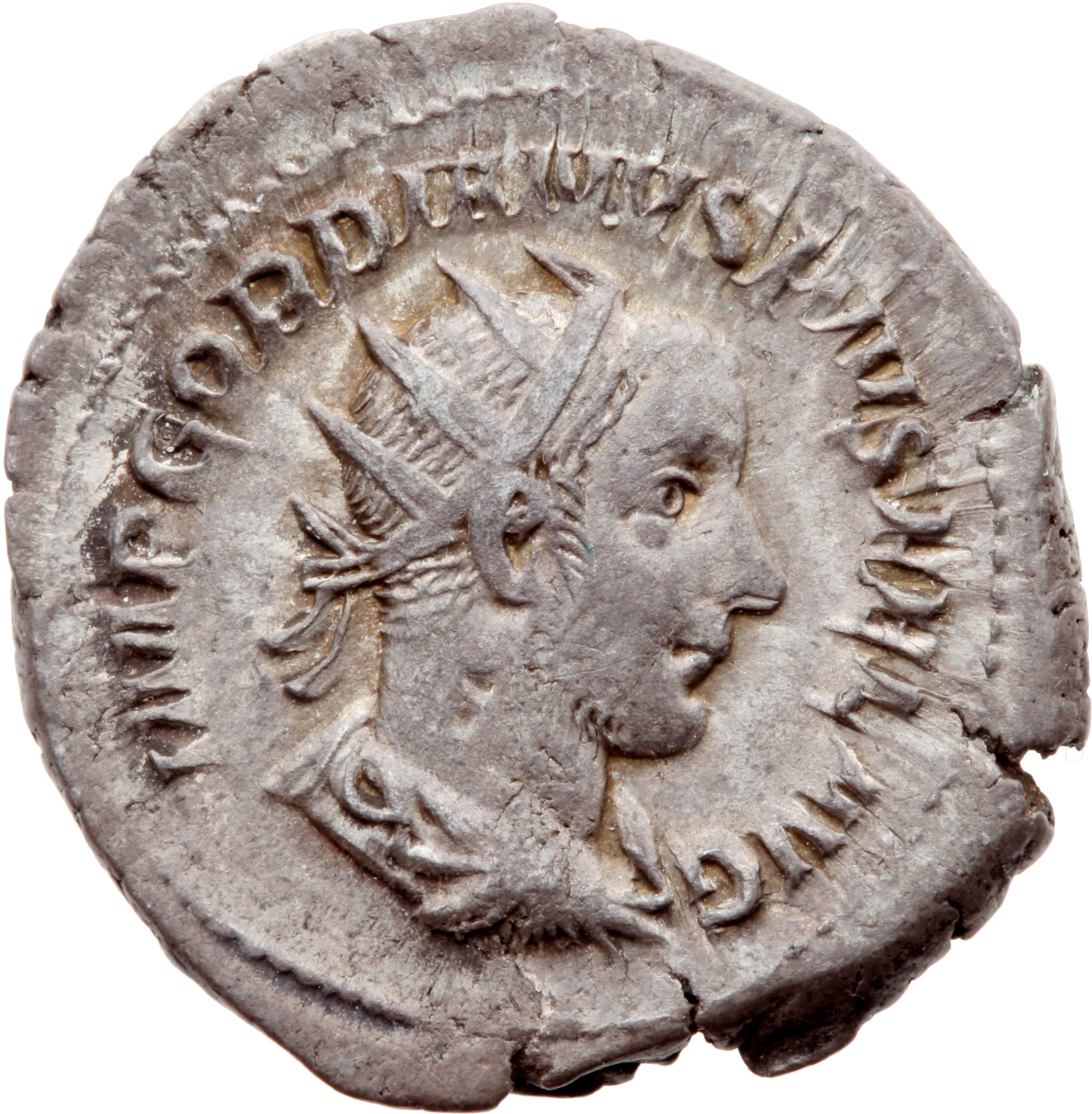 RIC IV Gordian III 148 Gordian III obverse — Bust of Gordian III, radiate, draped, cuirassed, right