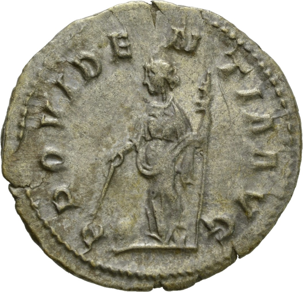 RIC IV Gordian III 150 Gordian III reverse, Providentia, draped, standing left, holding wand in right hand over globe set ...