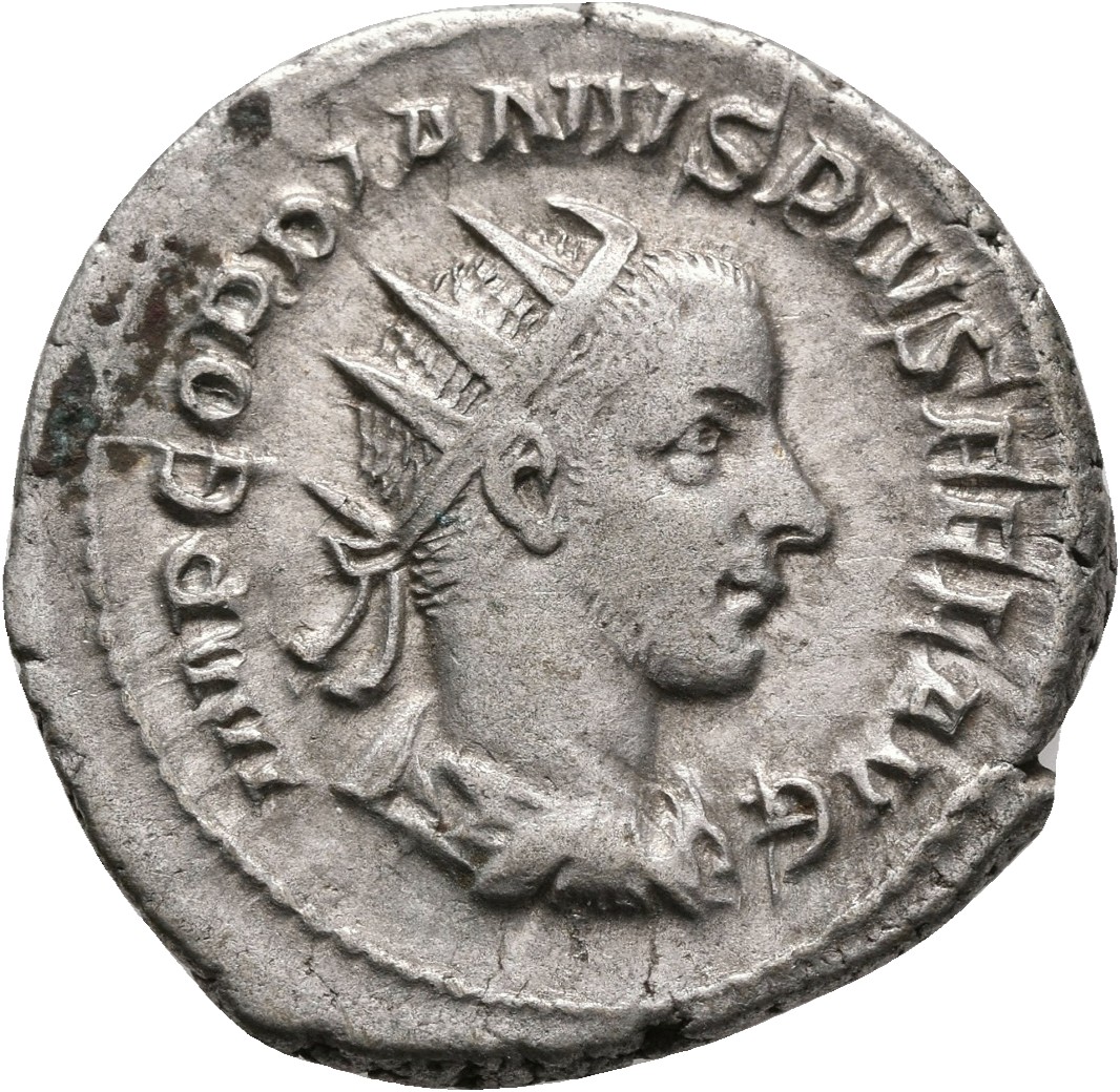 RIC IV Gordian III 150 Gordian III obverse — Bust of Gordian III, radiate, draped, cuirassed, right