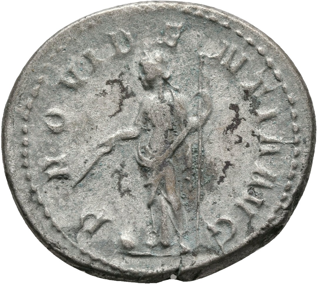 RIC IV Gordian III 150 Gordian III reverse — Providentia, draped, standing left, holding wand in right hand over globe set...