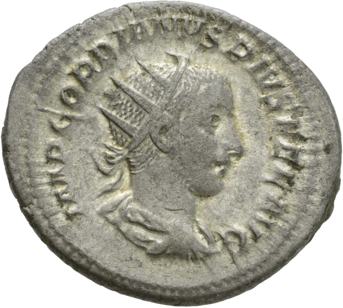 RIC IV Gordian III 153 Gordian III obverse, Bust of Gordian III, radiate, draped, cuirassed, right