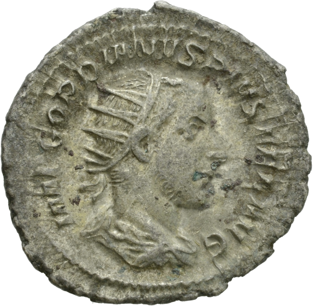 RIC IV Gordian III 154 Gordian III obverse, Bust of Gordian III, radiate, draped, cuirassed, right