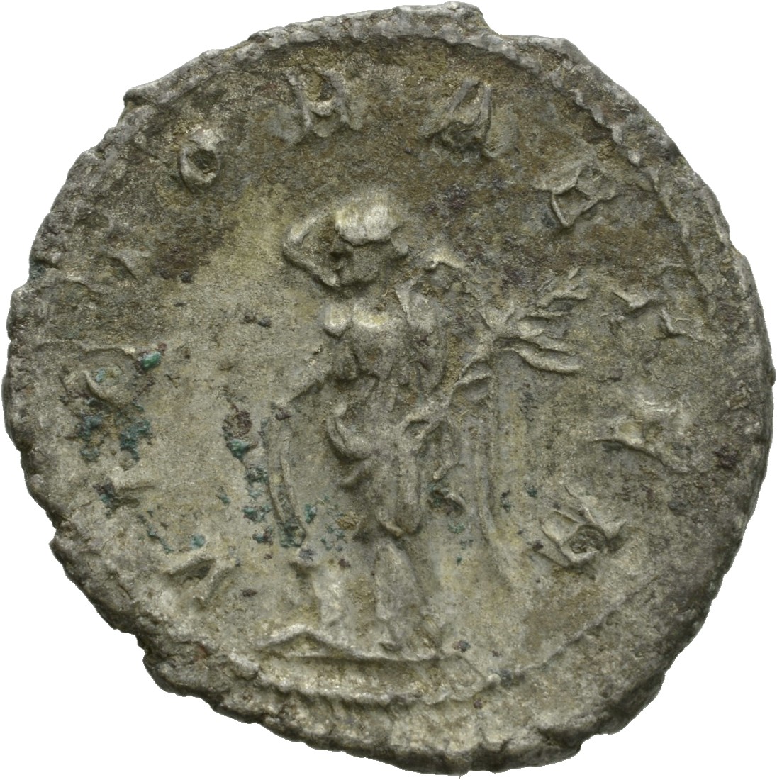 RIC IV Gordian III 154 Gordian III reverse, Victory, winged, draped, standing left, leaning on shield, and holding palm in...