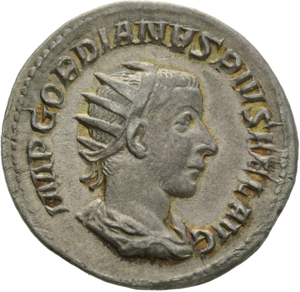 RIC IV Gordian III 155 Gordian III obverse, Bust of Gordian III, radiate, draped, cuirassed, right