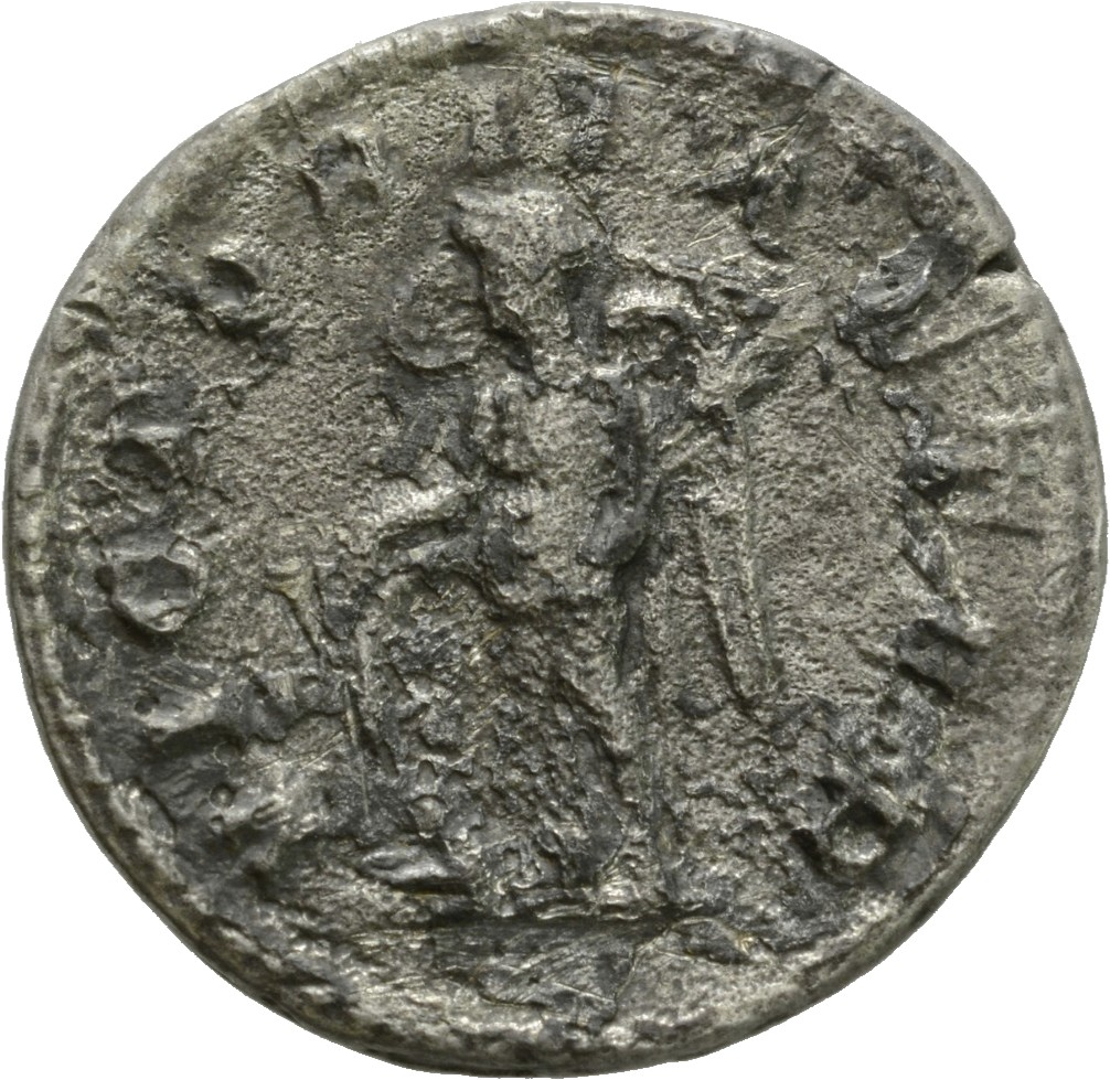 RIC IV Gordian III 155 Gordian III reverse, Victory, winged, draped, standing left, leaning on shield, and holding palm in...