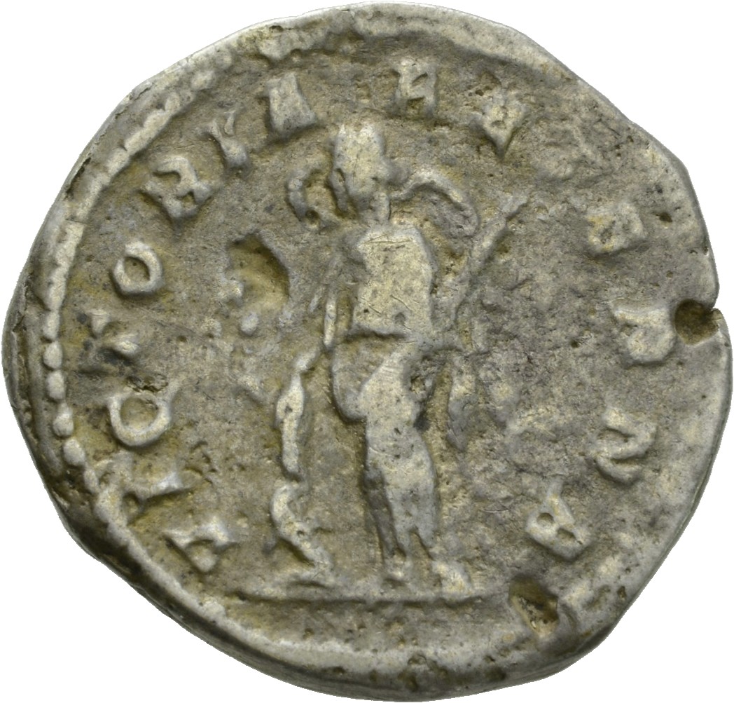 RIC IV Gordian III 156 Gordian III reverse, Victory, winged, draped, standing left, leaning on shield, and holding palm in...
