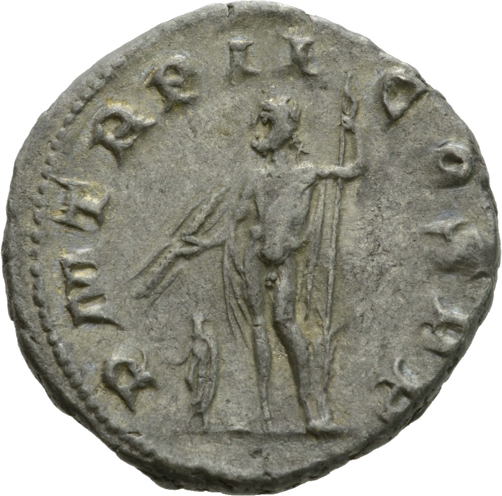 RIC IV Gordian III 16 Gordian III reverse, Jupiter, nude except for cloak on shoulders, standing front, head left, holding...