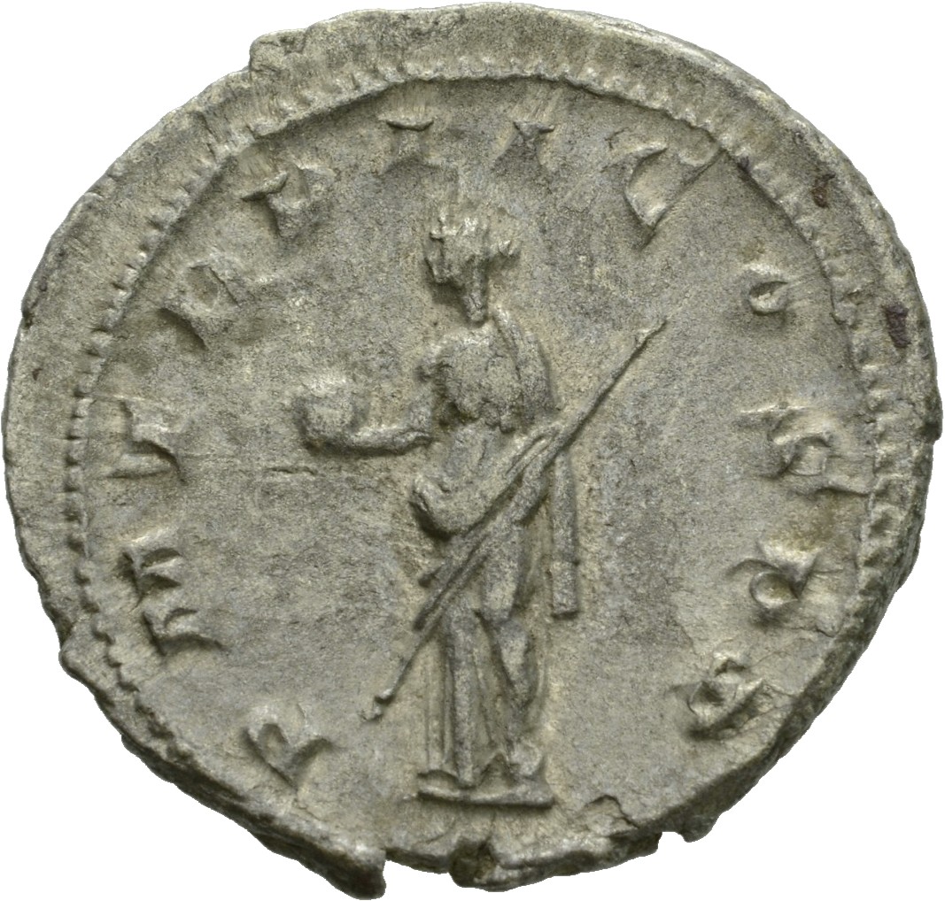 RIC IV Gordian III 18 Gordian III reverse, Providentia, draped, standing front, head left, holding globe in extended right...