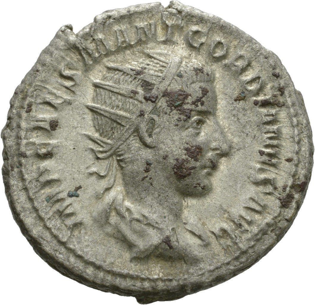 RIC IV Gordian III 18 Gordian III obverse, Bust of Gordian III, radiate, draped, cuirassed, right